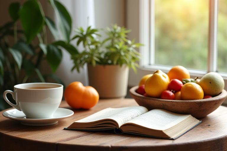 Un tavolo con frutta fresca, un diario e una tazza di tè, che simboleggia un approccio olistico alla salute.
